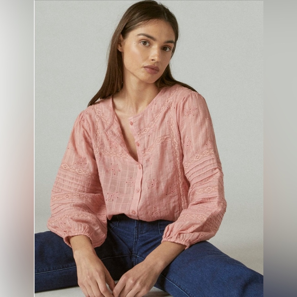 Lucky Brand Pink Textured Popover Blouse